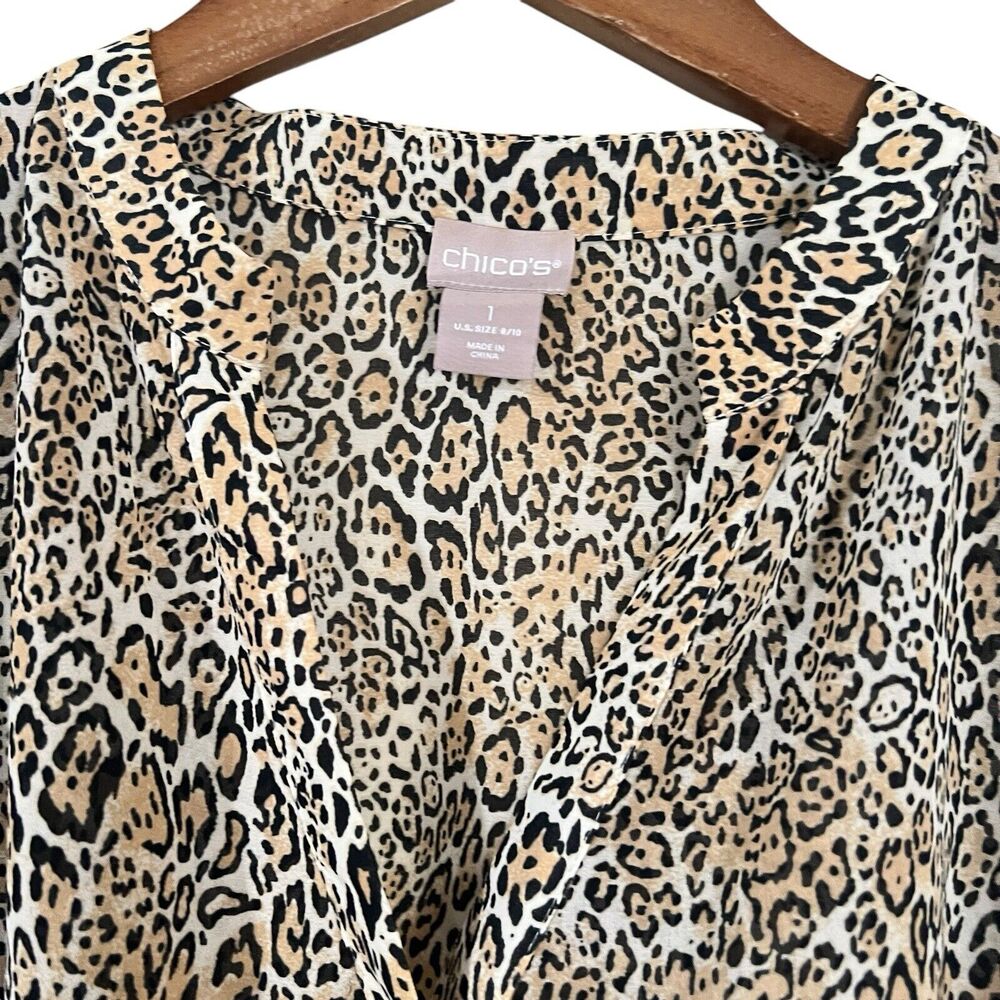 Chicos Size 1 M 8/10 Convertible Cheetah-Print Shirt Womens Long Sleeve Chiffon - Picture 3 of 8